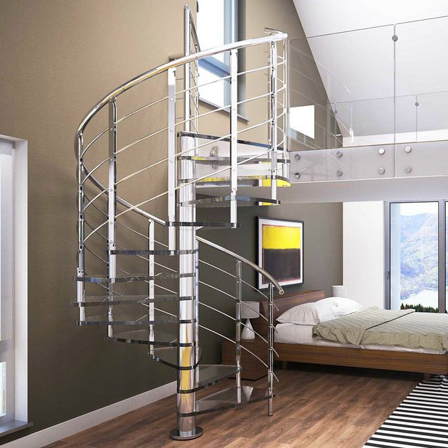Indoor Modern Toughened Glass Tread Spiral Staircase With Steel Rod Railing