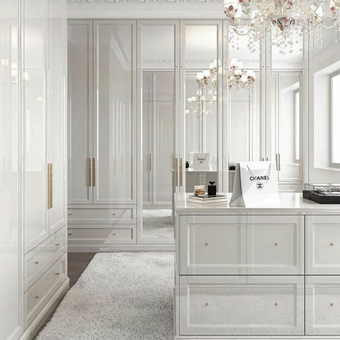 Custom Cloakroom White Wardrobe Use Wooden Door With Mirror