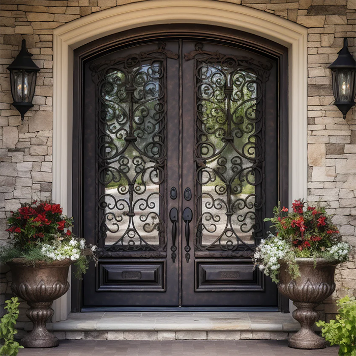 Retro Security Wrought Iron Doors Luxury Exterior Main Entry Wrought Iron Doors for Villa